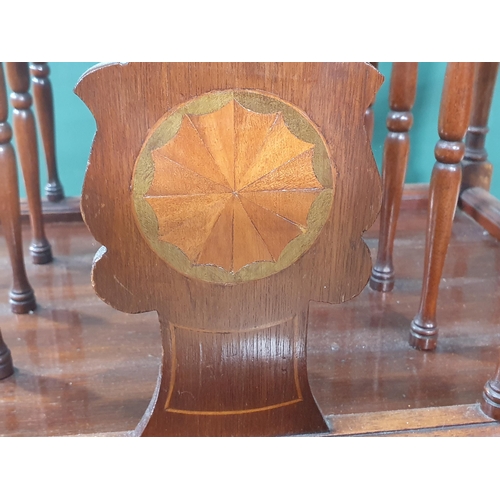 534 - An Edwardian mahogany Canterbury with spindle turned divisions, medallion inlay on turned legs and c... 