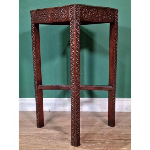 535 - An antique oak square Bedside Table with carved 17th century panel top, brass mounted on square legs... 