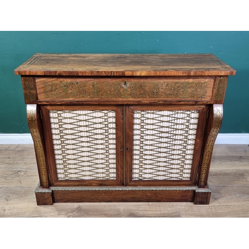 554 - A Regency brass inlaid rosewood Secretaire Cabinet with a fitted frieze drop front drawer above a pa... 