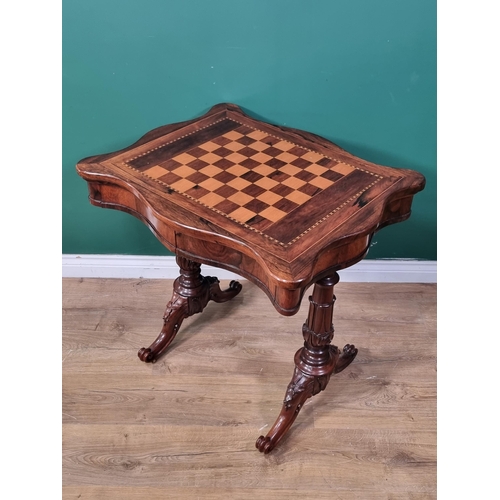 599 - A William IV rosewood Games Table having serpentine sides with inlaid chessboard top, chequered and ... 