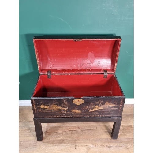 622 - A 19th Century chinoiserie lacquered dome topped Chest on stand decorated with scenes of pagodas 3ft... 