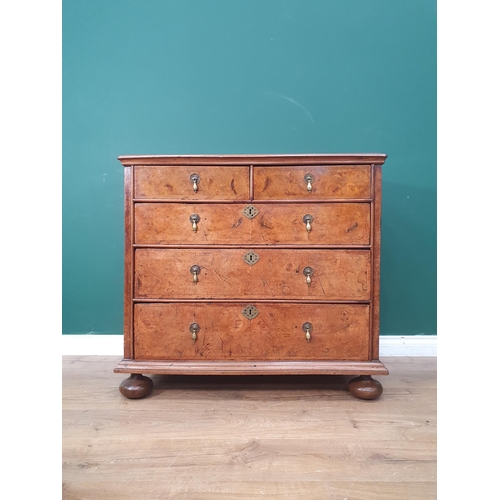 636 - A William and Mary burr walnut and oak Chest of two short and three long graduated drawers raised on... 