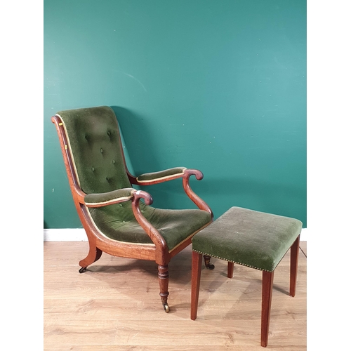 645 - A mahogany framed deep seated open Armchair/Library Chair with green button upholstery, raised on tu... 