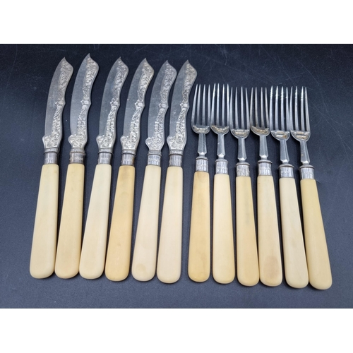 66 - Six Edward VII Fish Knives and Forks with engraved blades, Sheffield 1904