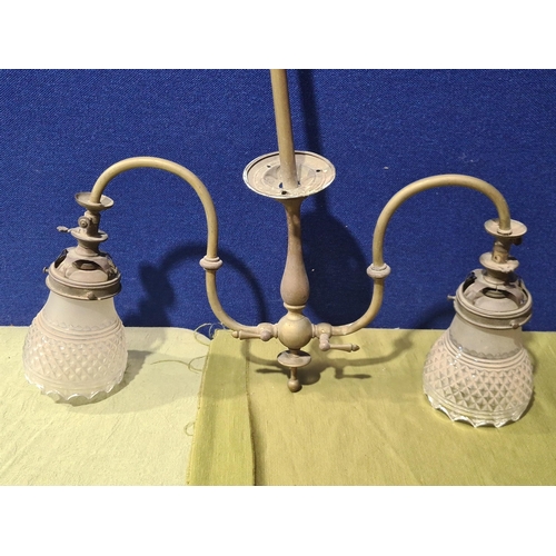 828 - Two brass Gas Chandeliers, one three branch, one two branch, with clear glass shades. converted from... 