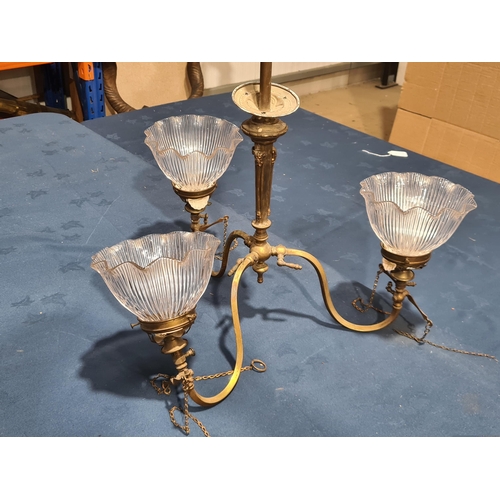 828 - Two brass Gas Chandeliers, one three branch, one two branch, with clear glass shades. converted from... 