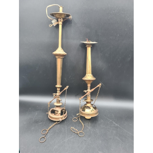 830 - Two hanging brass Ceiling Lights, with chains to adjust. Stamped NICO No 21, converted from gas to e... 