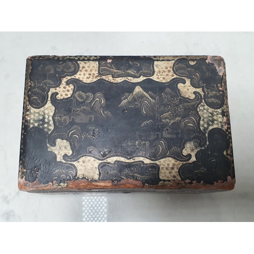 832 - An 18th Century paper covered Tea Caddy with Chinese style gilded design of buildings in landscape, ... 