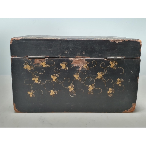 832 - An 18th Century paper covered Tea Caddy with Chinese style gilded design of buildings in landscape, ... 