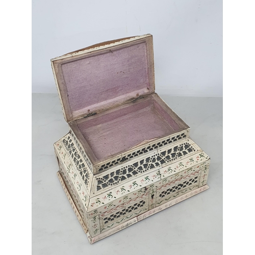 838 - A 19th Century bone Sewing Box made by a Prisoner of War, the hinged lid enclosing a fitted lined in... 