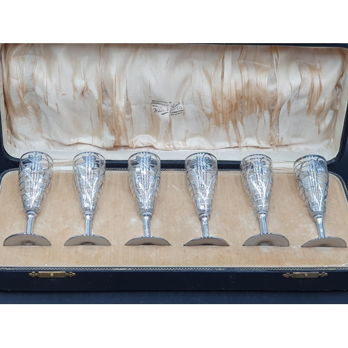 84 - Six Art Deco silver overlaid Cocktail Glasses with engraved leafage design, in Weir & Sons, Belfast ... 