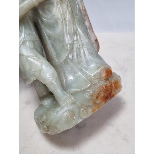 854 - A Chinese Qing Dynasty Jade figure group of Sage standing on clouds, A/F, 6.5