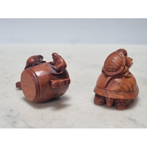 865 - Two carved wood Netsuke in the form of turtles and mice on a barrel