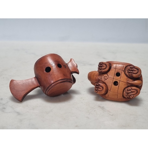 865 - Two carved wood Netsuke in the form of turtles and mice on a barrel