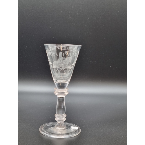 876 - An Irish Commemorative Wine Glass inscribed 'The Glorious Memory of King William/No Surrender, Boyne... 