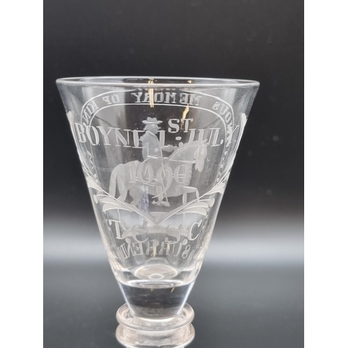 876 - An Irish Commemorative Wine Glass inscribed 'The Glorious Memory of King William/No Surrender, Boyne... 