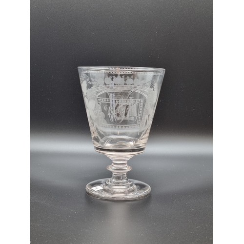 878 - A Sunderland Bridge glass Rummer, engraved with titled View of the Bridge with sailing ship beneath,... 