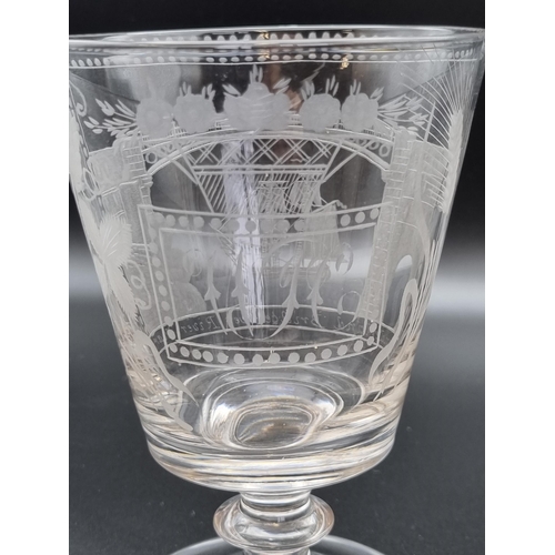 878 - A Sunderland Bridge glass Rummer, engraved with titled View of the Bridge with sailing ship beneath,... 