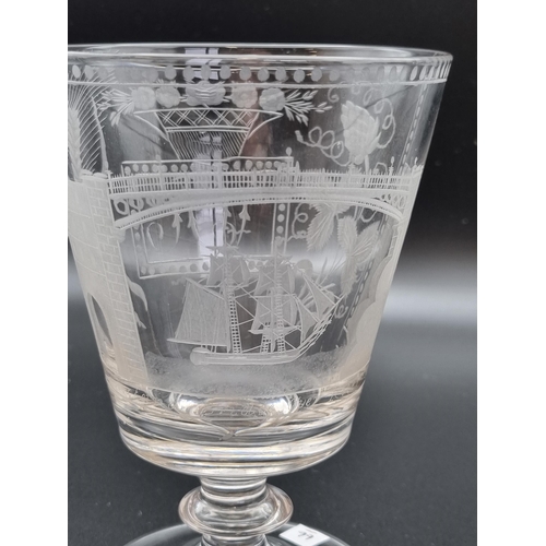 878 - A Sunderland Bridge glass Rummer, engraved with titled View of the Bridge with sailing ship beneath,... 