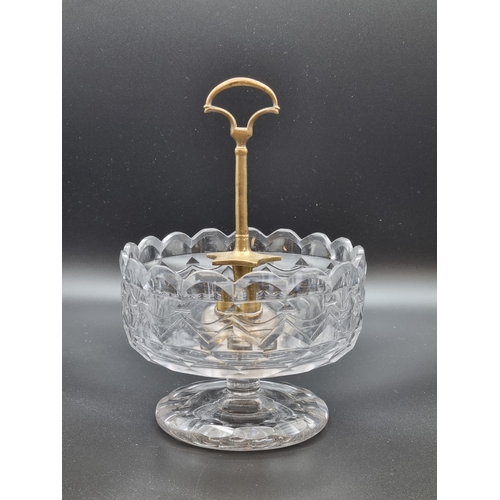 882 - A rare Irish glass Condiment Stand with brass carrying handle, bowl with fluted edge and diamond cut... 