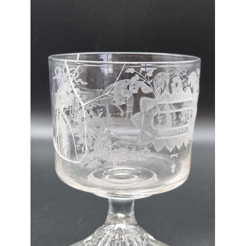 884 - A plain glass Rummer on squat stem and another engraved with the name George Inn, Malta, with horse-... 