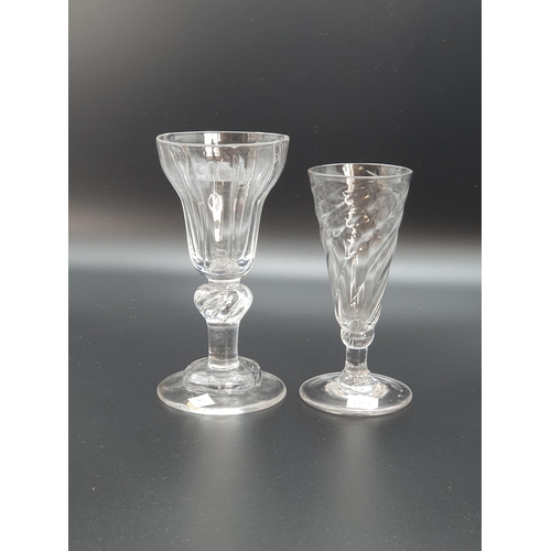 893 - A Wrythen ale glass with conical bowl, short stem 4 3/4inH and a fluted wine with knopped stem on a ... 