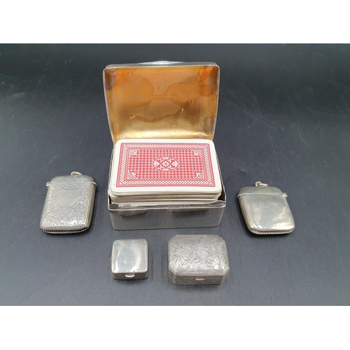 91 - A Victorian silver Playing Card Case, Birmingham 1899, two silver Vesta Cases and two Pill Boxes