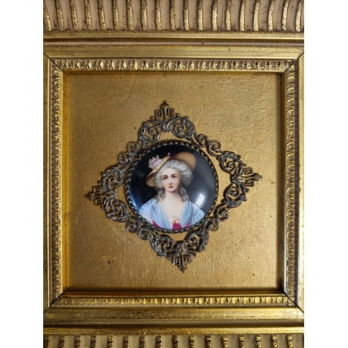 913 - A framed oval porcelain Panel of Young Boy, 3 1/2 x 2 3/4in, and a circular plaque painted lady wear... 