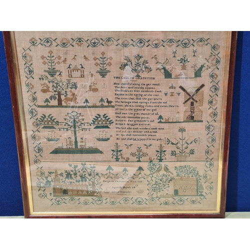 926 - A William IV needlework Sampler Margaret Parkinsons Work 1832, Aged 12, Knowsley School, with verse,... 