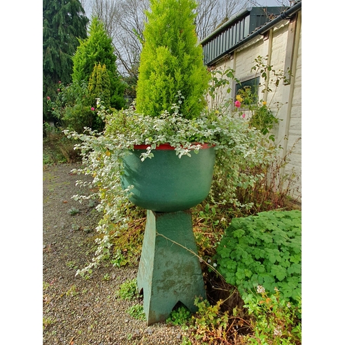 970 - A pair of large green painted cast iron Boilers, (Planters) on associated stands, 4ft high overall