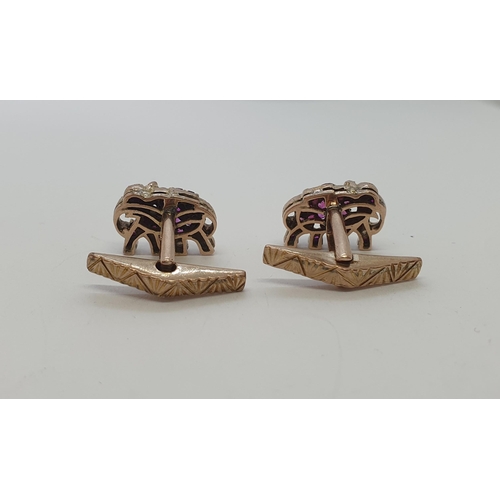 170 - A pair of Ruby Elephant Cufflinks each set numerous round stones, stones deficient, approx 9gms