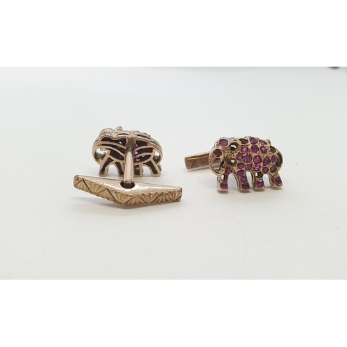 170 - A pair of Ruby Elephant Cufflinks each set numerous round stones, stones deficient, approx 9gms