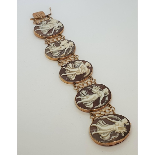 183 - A carved Shell Cameo Link Bracelet comprising five panels depicting the 'Five Muses' in 14ct gold, s... 