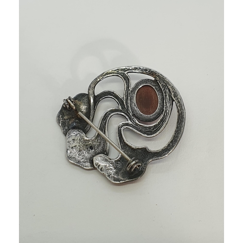 195 - A Victor Meyer Art Nouveau silver Brooch of fluid form trees with enamel decoration and set oval bro... 