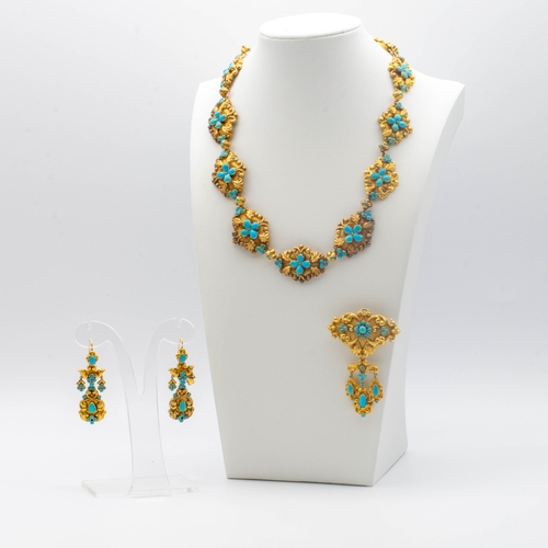 212 - A fine Victorian Turquoise Demi-Parure comprising necklace, ear pendants, brooch and detachable drop... 