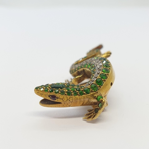 234 - A French gem-set Salamander Brooch with ruby eyes, a row of graduated old-cut diamonds pavé-set to b... 