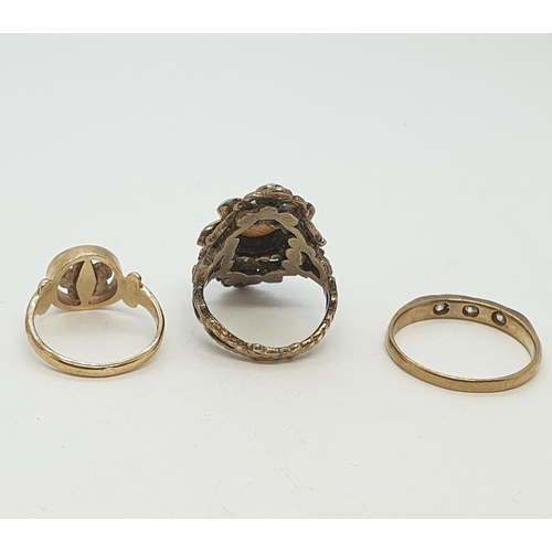 253 - A collection of three Rings, one 9ct gold ring set with white stones (ring size Q), one 9ct gold rin... 