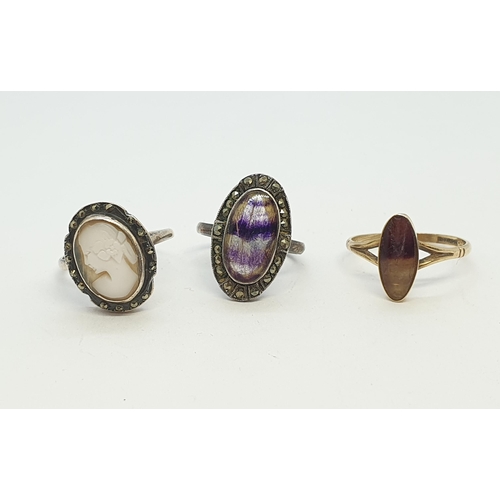 260 - A 9ct gold Ring set blue john, a Dress Ring set blue john and marcasite stamped SILVER, a 9ct gold R... 