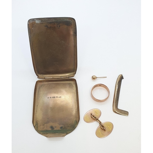 280 - A Card Case A/F, a single Cufflink, a single Ear Stud and a Wedding Band, all 9ct gold, approx 31.80... 