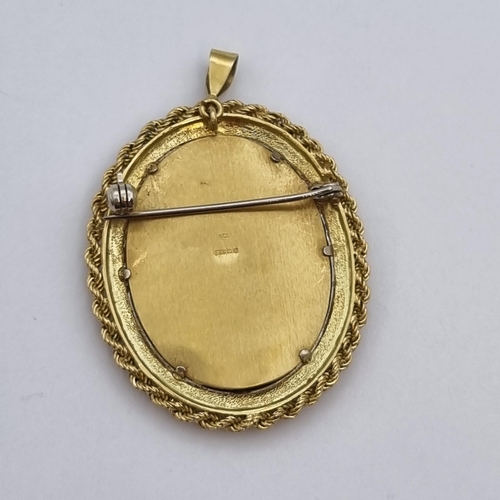 249 - A painted portrait miniature Pendant/Brooch of lady wearing jewelled necklace in 18ct gold and blue ... 