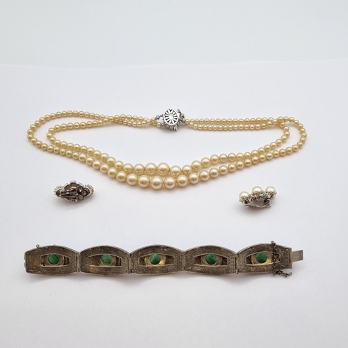 270 - A simulated Pearl Necklace & Ear Clips and a Filigree & Enamel Panel Bracelet set with aventurine qu... 