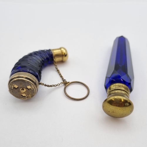 295 - A Bristol blue glass Cornucopia Scent Bottle with vinaigrette to one end, gilt metal mounts, approx ... 