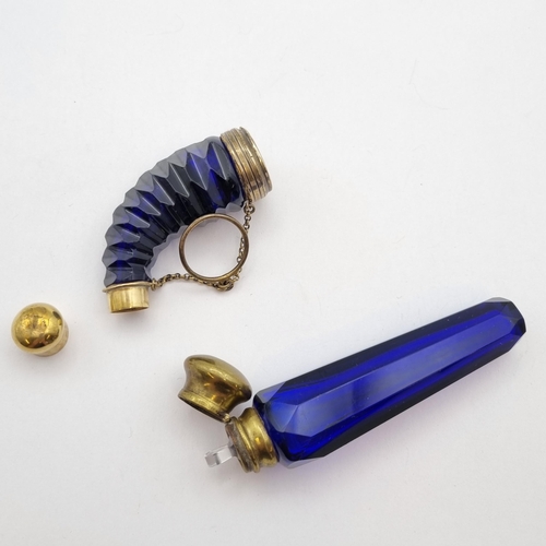 295 - A Bristol blue glass Cornucopia Scent Bottle with vinaigrette to one end, gilt metal mounts, approx ... 