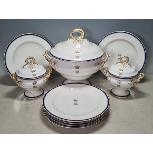 918 - A Royal Worcester part Dinner Service with blue and gilt detail, engraved Somerset crest with ducal ... 