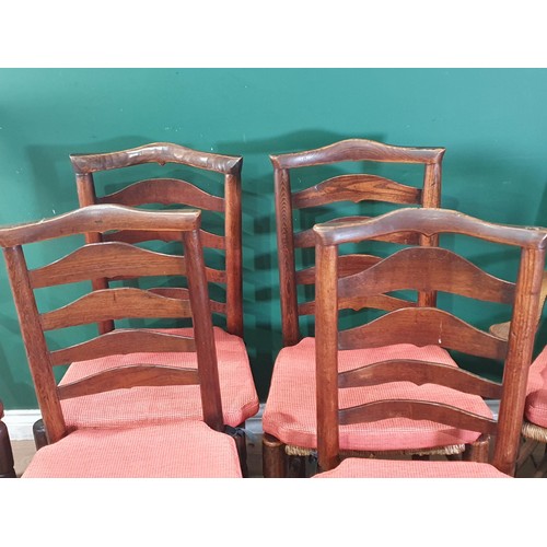 567 - A set of eight 19th Century ash and elm ladderback Chairs with rush seats and squab cushions on turn... 