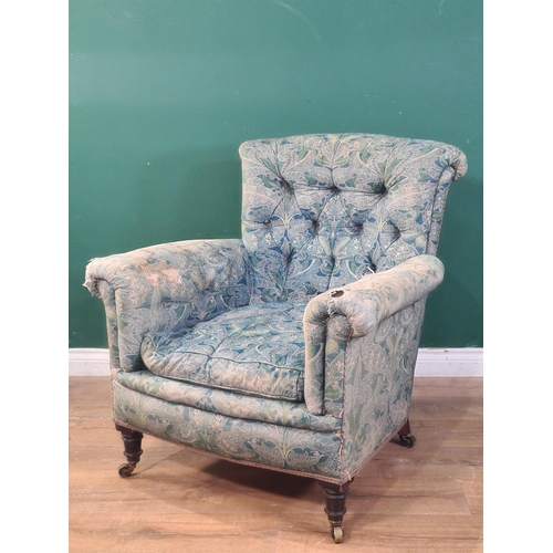 642 - A Victorian Occasional Chair button upholstered in William Morris style peacock pattern fabric, on t... 