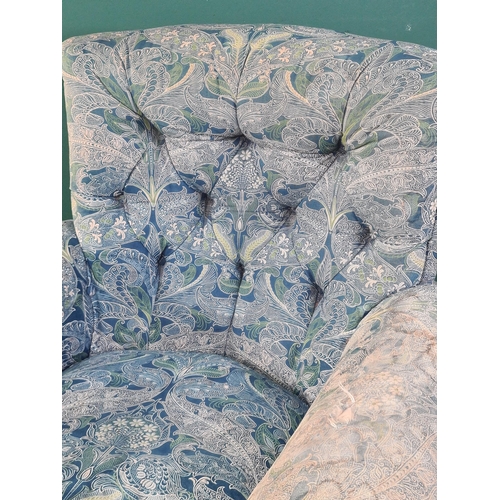 642 - A Victorian Occasional Chair button upholstered in William Morris style peacock pattern fabric, on t... 