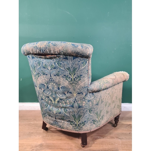 642 - A Victorian Occasional Chair button upholstered in William Morris style peacock pattern fabric, on t... 