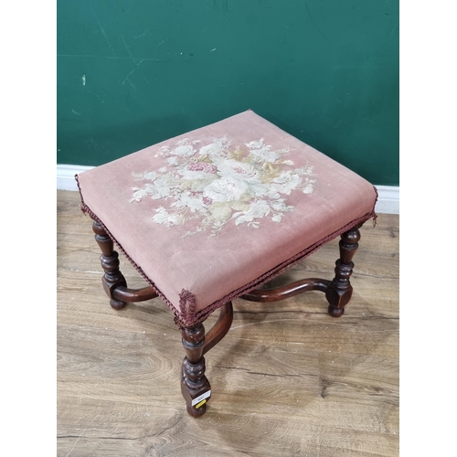 847 - A Queen Anne style Footstool with pink needlework seat on turned supports united by X-stretcher A/F ... 