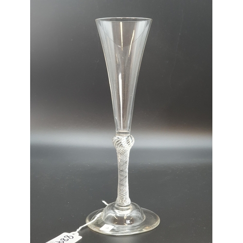 889 - A tall Wine Flute with single knop to the air twist stem, domed base with spreading frost, and anoth... 